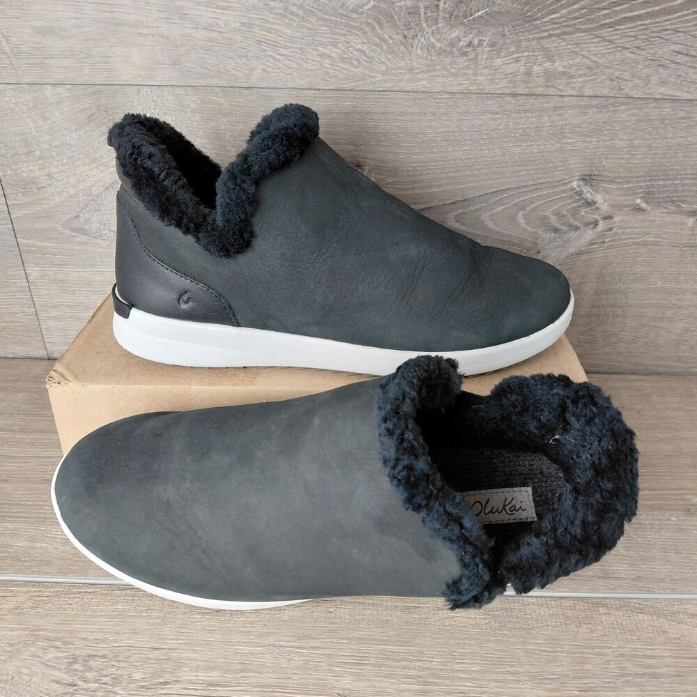 OluKai Malua Hulu Shoes Women 8.5 Black Suede Leather Shearling Lined Ankle Boot